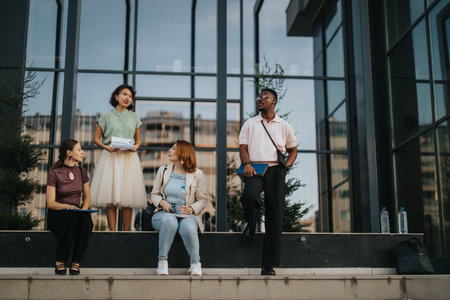 Young business people having a meeting outside a modern office buildingの写真素材