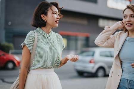 Multicultural group having an outdoor conversationの写真素材