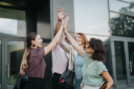 International business team celebrating success with high fivesの写真素材