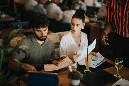 Diverse people collaborate in a team meeting at a coffee bar, sharing ideas and discussing chartsの写真素材