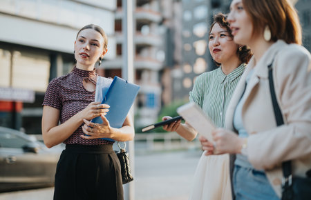 Multicultural business team having a meeting outdoors in urban settingの写真素材