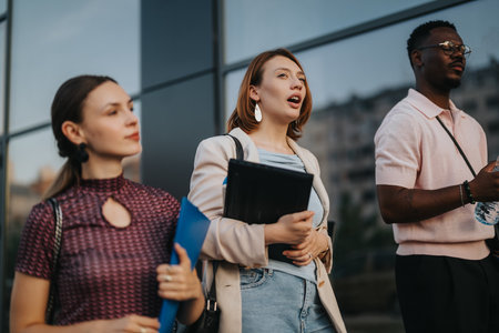 Diverse group walking outside during business meetingの写真素材