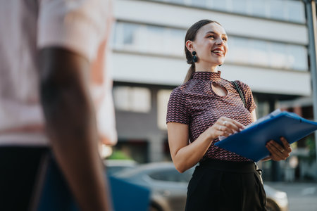 Multicultural business team having an outdoor meeting with documentsの写真素材