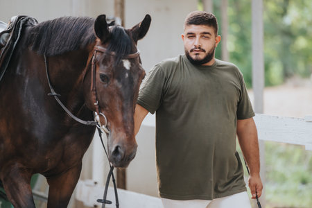 Man leading horse in stable area on a sunny day, showcasing equestrian care and interactionの写真素材