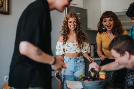 Group of friends enjoying time together in modern kitchenの写真素材