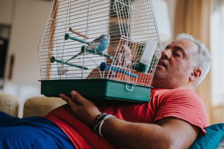Man relaxing with pet bird in a cage at homeの写真素材