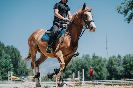 Equestrian riding a chestnut horse during a sunny outdoor training sessionの写真素材