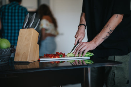 Young man preparing vegetables in modern kitchen settingの写真素材