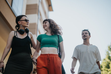 Group of friends walking outdoors on a sunny dayの写真素材