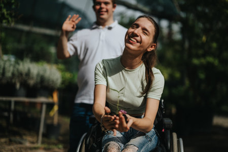 Young woman in wheelchair enjoying nature with friend smilingの写真素材
