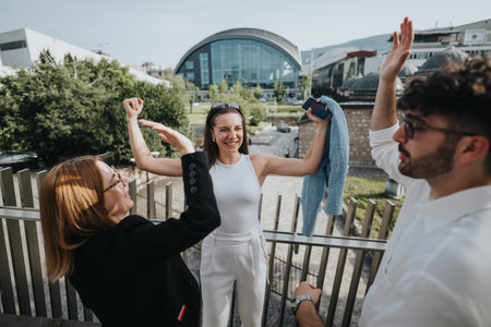 Happy colleagues celebrating success outdoors with high-fives and smilesの写真素材
