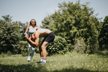 Athletic man jumping over his female friend during an outdoor workoutの写真素材