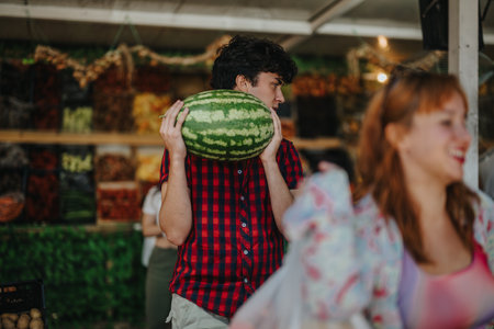 Young man holding watermelon at vibrant outdoor market stallの写真素材