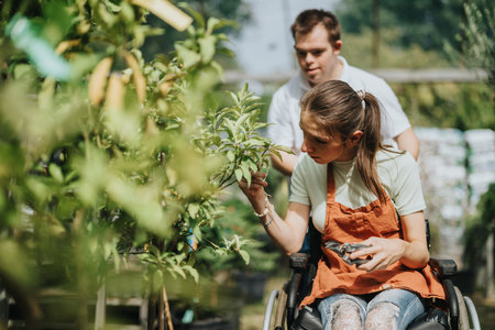 Young woman in wheelchair gardening with supportive friend outdoorsの写真素材
