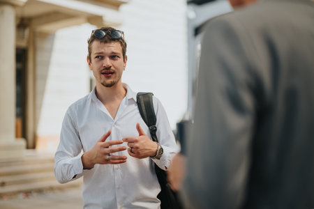 Confident young man in conversation outdoors wearing white shirt and sunglasses, engaging in discussion with a business professional in a suit in a city settingの写真素材