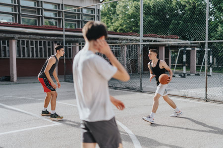 Friends playing a game of basketball at an old neighborhood court on a sunny day, showcasing teamwork, sportsmanship, and youthful energy.の写真素材