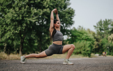 Young woman stretching in the park during outdoor workout, embracing nature and fitness in a serene environment, focusing on flexibility and healthy living under the open sky.の写真素材