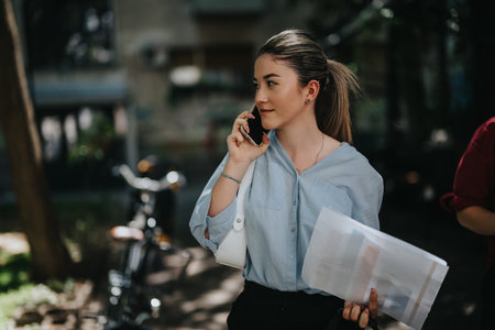 Young businesswoman having a phone call while holding documents outdoorsの写真素材