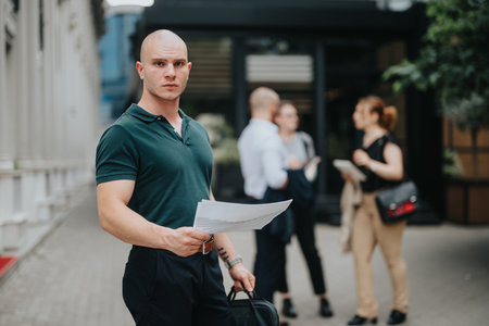 Businessman holding papers while standing outdoors with colleagues in the backgroundの写真素材