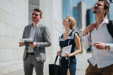 Group of professionals walking outdoors, engaged in vibrant discussion and exploration of urban architecture on a sunny day in a modern city environmentの写真素材