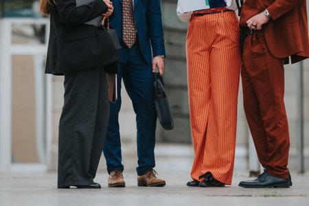 Business professionals conversing outside an office building in colorful attireの写真素材