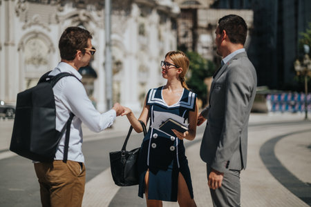 Businesspeople meeting outdoors discussing sales and marketing strategies, shaking hands, analyzing growth reports, building professional relationships, and communicating ideas in a vibrant urban settingの写真素材