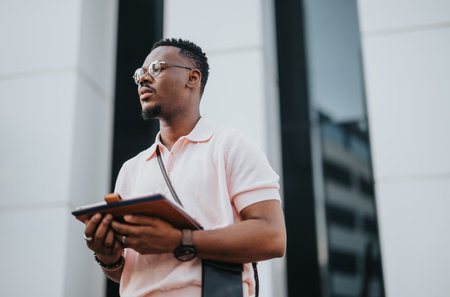 Business professional with tablet outside modern office building