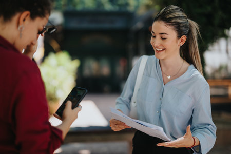 Happy businesswoman discussing with colleague outdoors on a sunny day