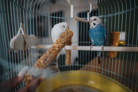 Pair of colorful budgies perched in a bird cage with foodの写真素材