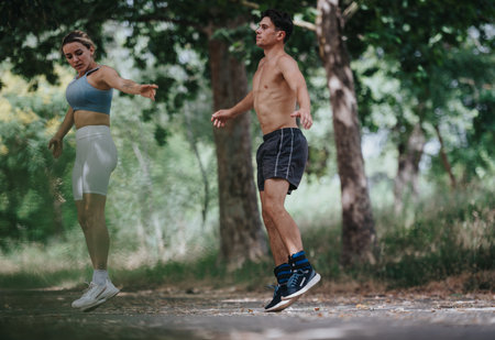 Group of people exercising outdoors in a park setting, practicing fitness routines togetherの写真素材