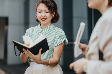 Multicultural business team collaborating in an outdoor meetingの写真素材