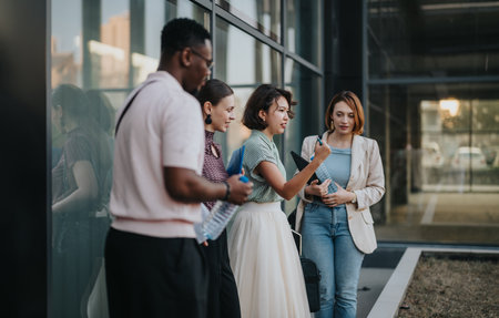 Diverse group of colleagues having a discussion outdoorsの写真素材