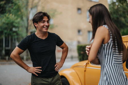 Happy young friends talking and laughing outdoors near yellow car