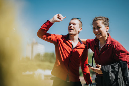 Happy young professionals enjoying a sunny day in the cityの写真素材