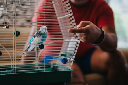 Man interacting with a colorful budgerigar inside a cage at home, showcasing pet care and human-animal bonding in a cozy domestic settingの写真素材