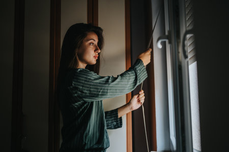 Woman adjusting window blinds in a dimly lit roomの写真素材