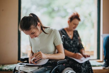 Young woman in wheelchair writing notes in a bright roomの写真素材