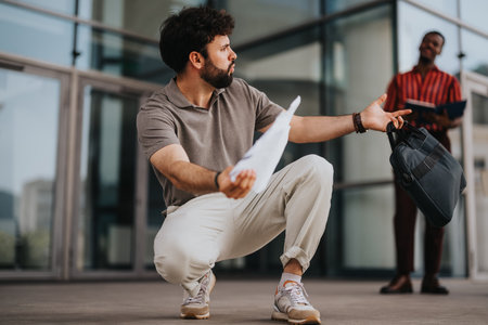 Business people collaborating outside an urban office building with papers and bagの写真素材