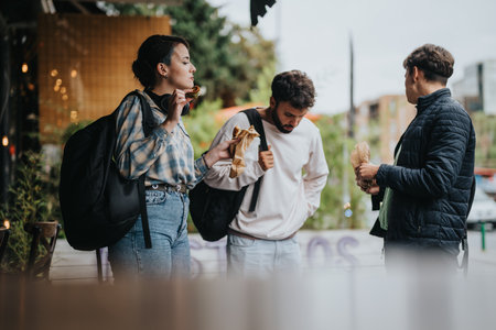 Students enjoying a casual outdoor break during collegeの写真素材
