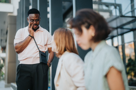 Business business people engaged in an outdoor meeting discussionの写真素材