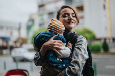 Smiling mother embraces her baby outdoors in a city settingの写真素材