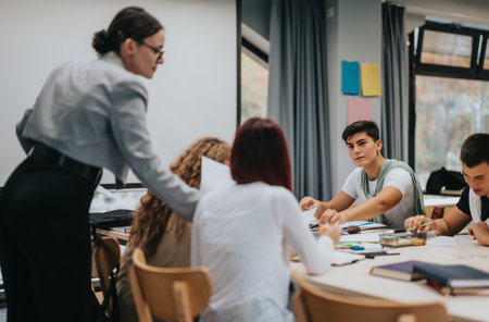Teacher guiding students during a collaborative group lesson discussionの写真素材