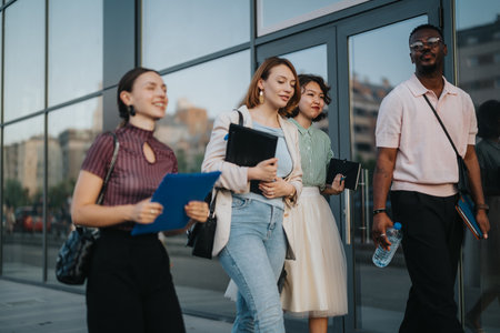 Young business people walking and discussing after an outdoor meetingの写真素材