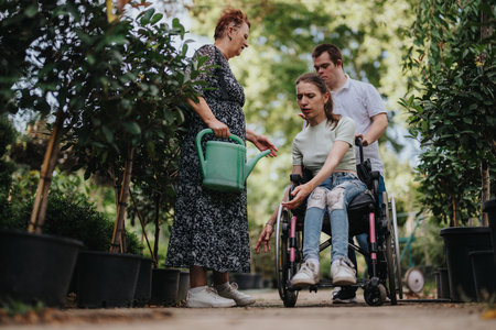 Elderly woman and children enjoying gardening outdoors togetherの写真素材