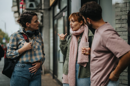 Friends having a conversation on the city streetの写真素材