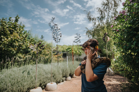 Young girl joyfully interacts with pet snake in a garden settingの写真素材