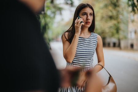 Woman in striped dress talking on phone outdoors