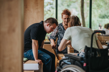 Boy with Down syndrome playing blocks with girl in wheelchair and elderly womanの写真素材