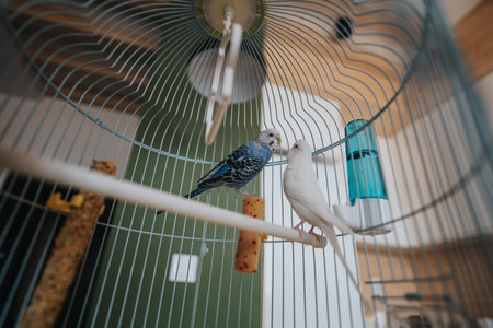 Two colorful parakeets perched inside a cozy birdcage