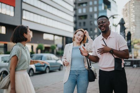 Multicultural business team engaging in outdoor meetingの写真素材